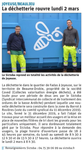 200228 DauphinÃ© LibÃ©rÃ© La dÃ©chetterie de Joyeuse rouvre lundi 2 mars