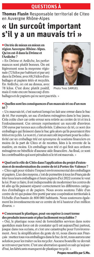 200205 Dauphiné Libéré Interview Thomas Flusin Responsable territorial CITEO AURA