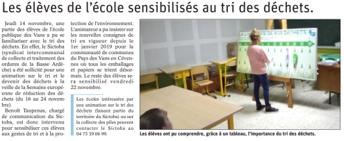191117 DauphinÃ© LibÃ©rÃ© Les Vans Animation Ã©cole publique