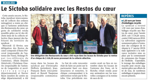 200215 DauphinÃ© LibÃ©rÃ© Le SICTOBA solidaire avec les Restos du coeur