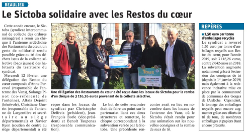 200215 Dauphiné Libéré Le SICTOBA solidaire avec les Restos du coeur