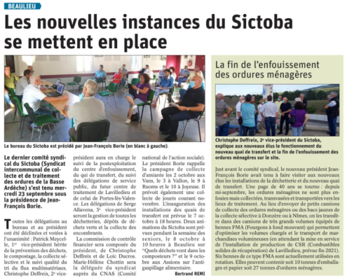 200925 DauphinÃ© LibÃ©rÃ© "Les nouvelles instances du SICTOBA se mettent en place"