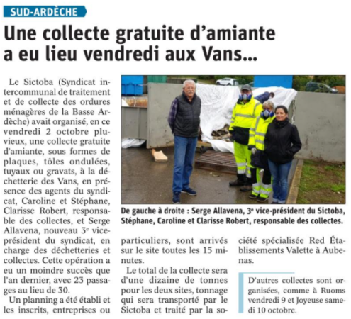 201005 Dauphiné Libéré Collecte amiante Les Vans