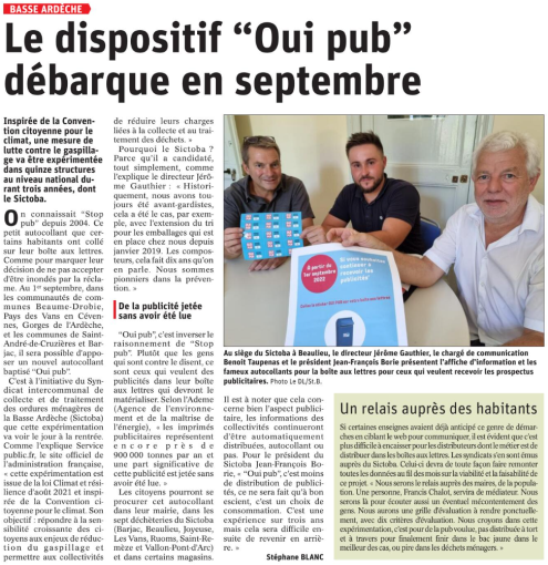 220717 DauphinÃ© LibÃ©rÃ© Le dispositif "Oui pub" dÃ©barque en septembre