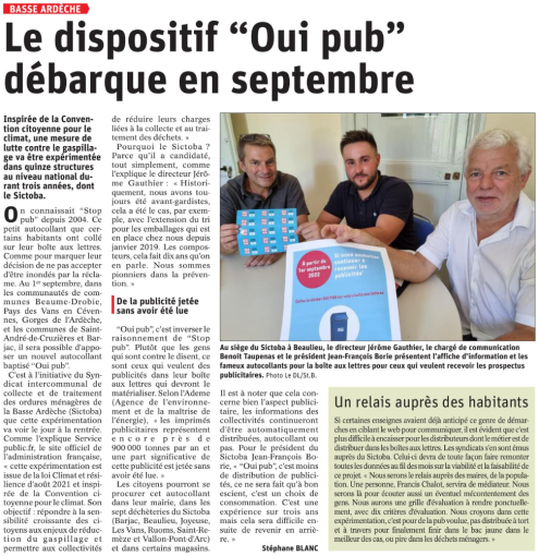 220717 Dauphiné Libéré Le dispositif "Oui pub" débarque en septembre