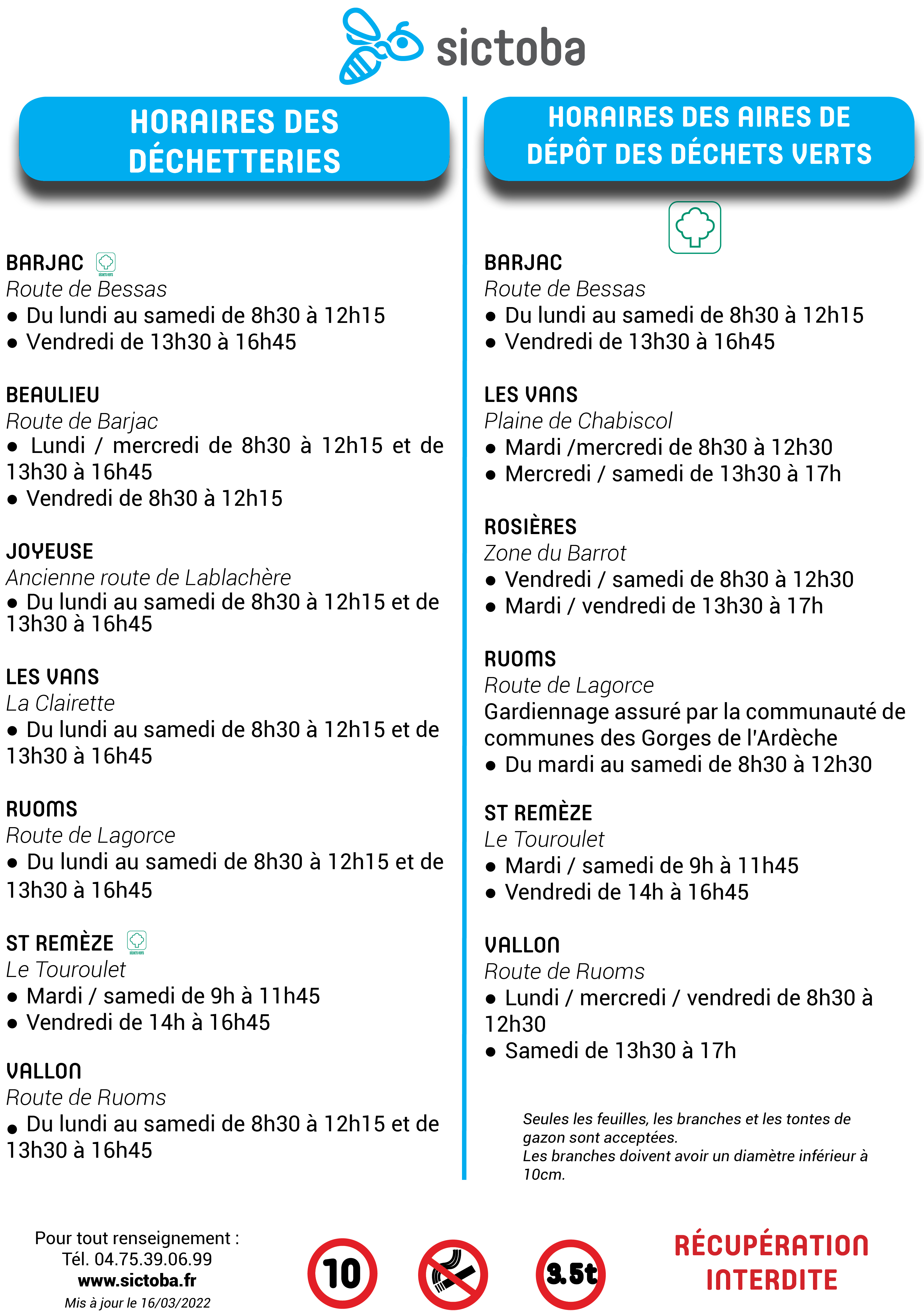 220316 Horaires DECHETTERIES et AIRES DV